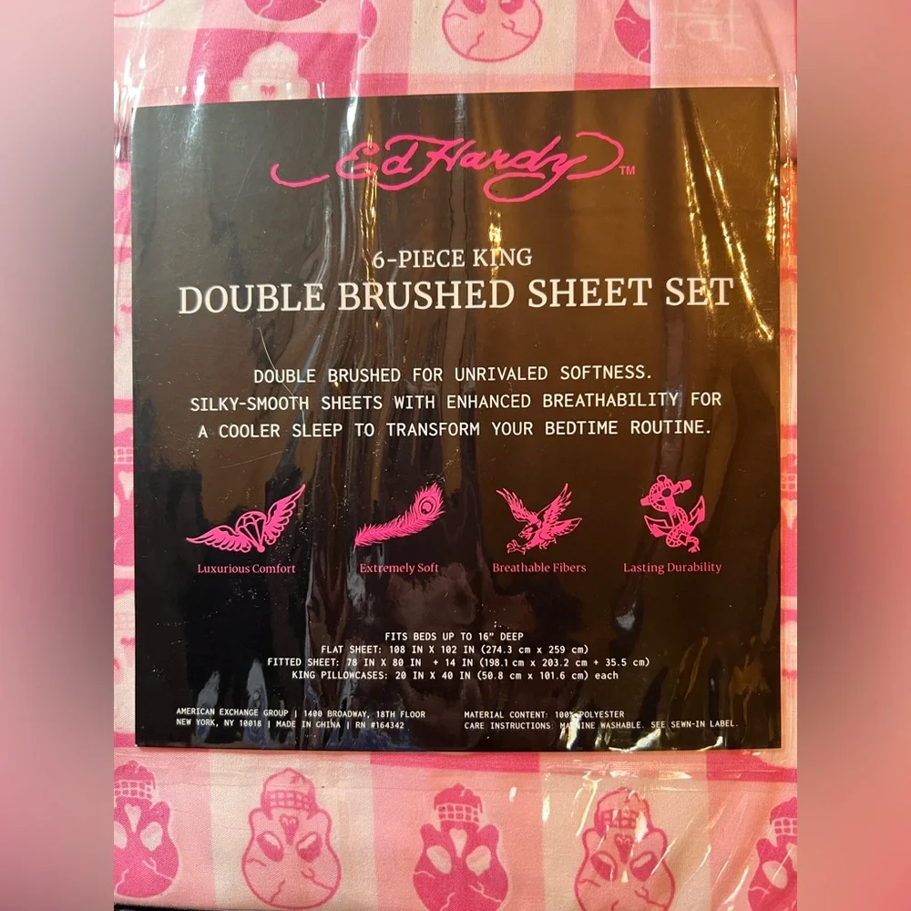 Ed Hardy King Pink Skull 6pc Sheet Set Double Brushed Y2K Bedding